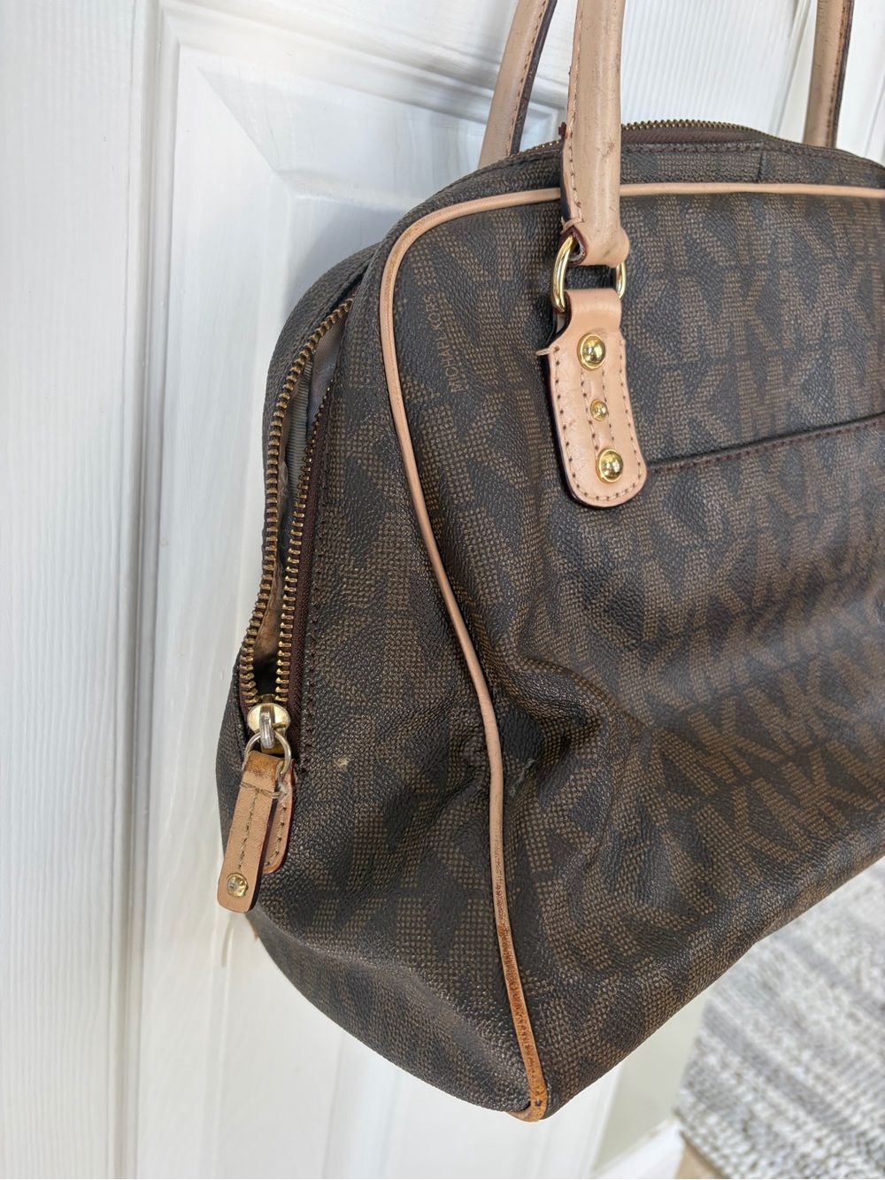 Michael Kors Dark Brown MK Logo Dome Satchel with Light Tan Trim - Picture 6 of 10